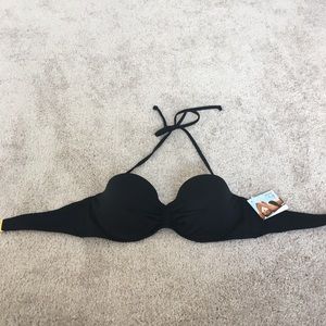 34B underwire black halter bikini top.